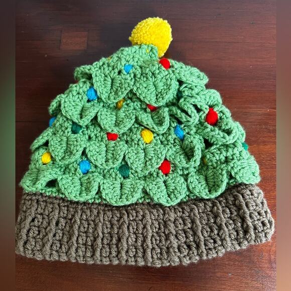 Christmas Tree Hat Hand Knit Beanie Xmas Holiday Green Brown Red Yellow Blue - Picture 1 of 11